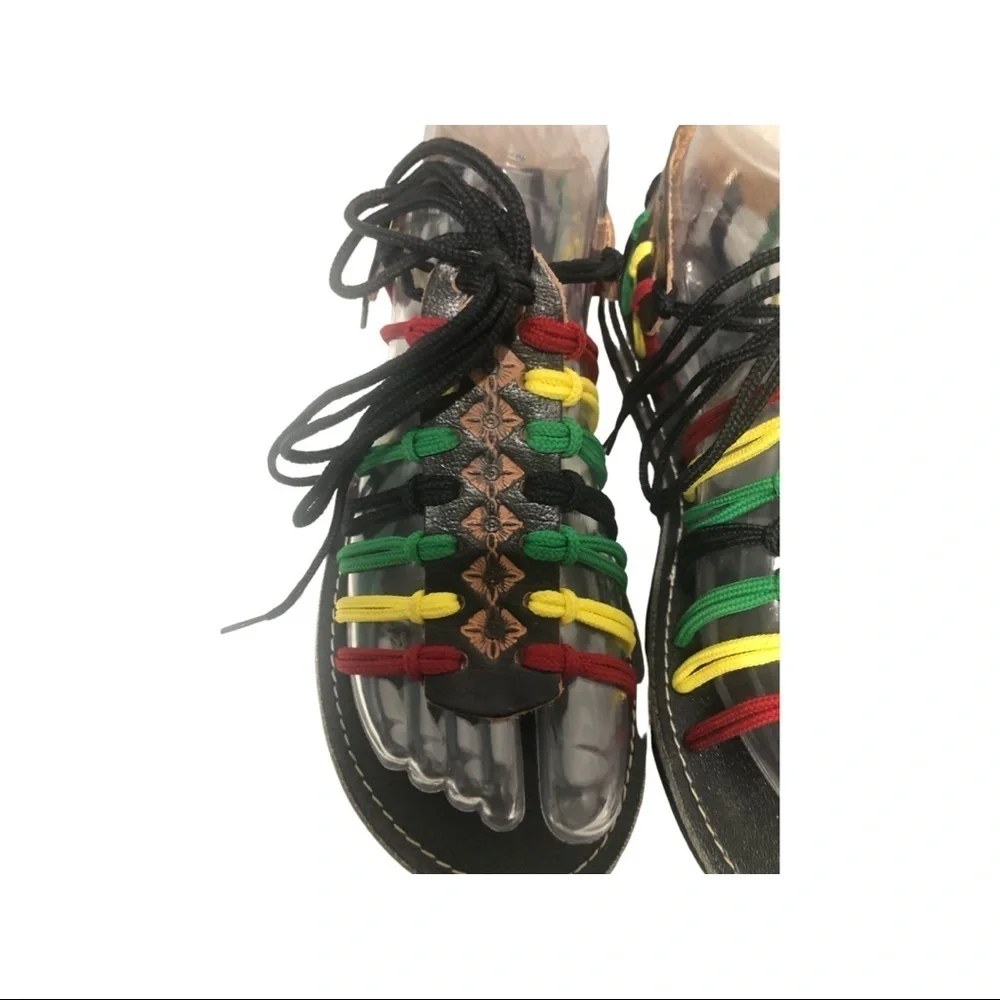Reggae Rasta summer sandals leather and cloth women size 7.5 or 24.5 CM